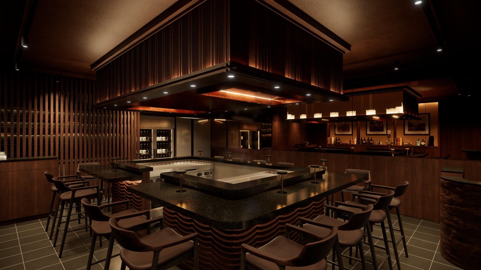 Teppanyaki bar interior at night